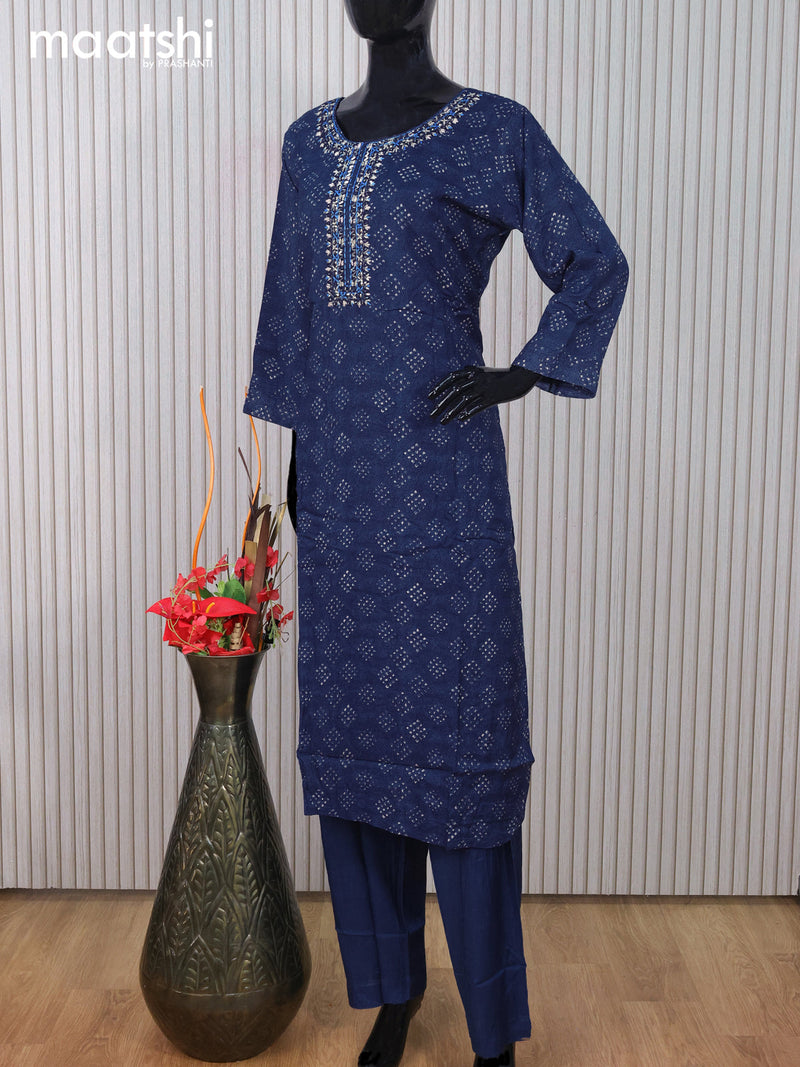 Muslin readymade salwar suit peacock blue with allover prints & mirror embroidery work neck pattern and straight cut pant & dupatta