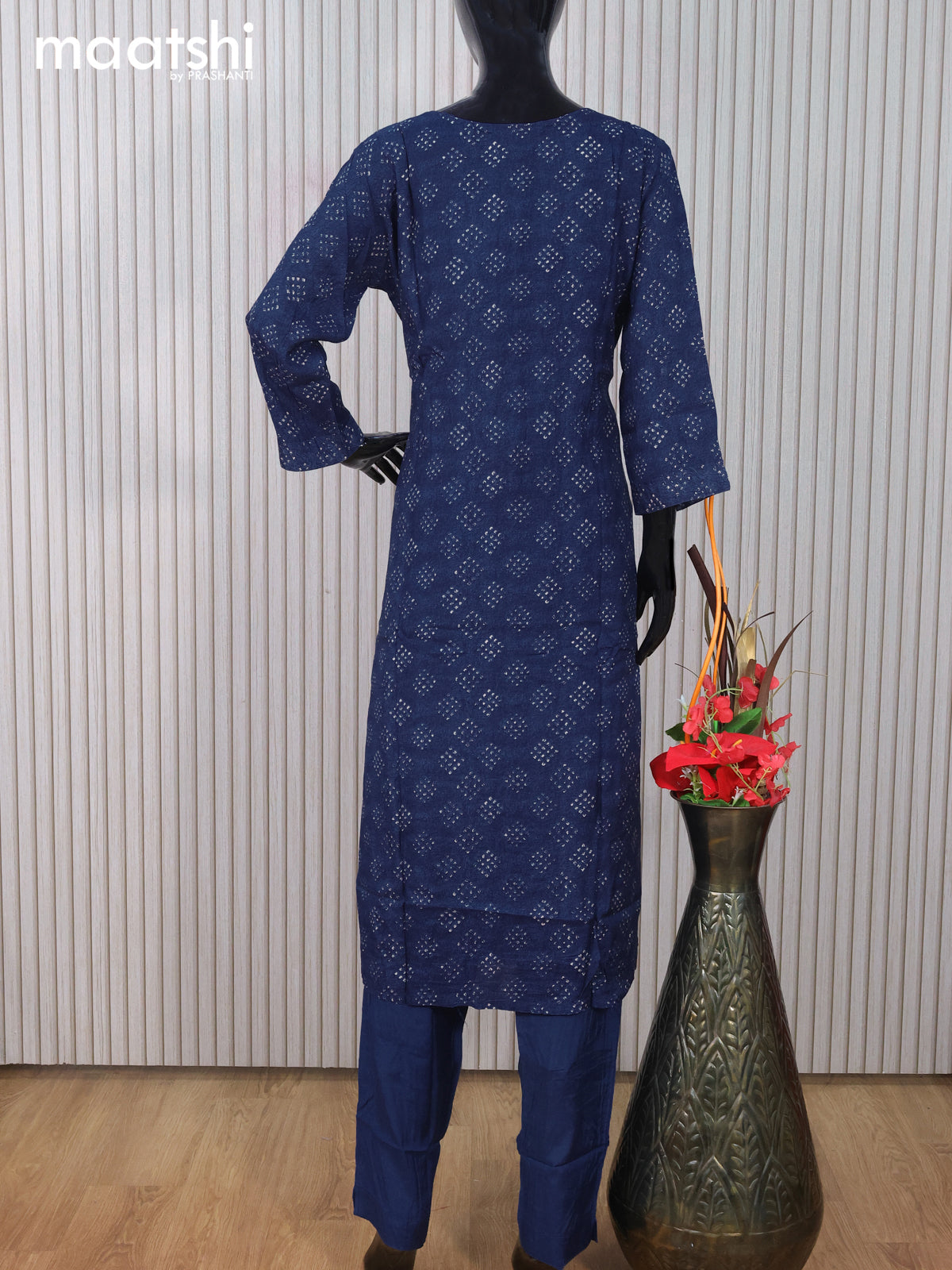 Muslin readymade salwar suit peacock blue with allover prints & mirror embroidery work neck pattern and straight cut pant & dupatta