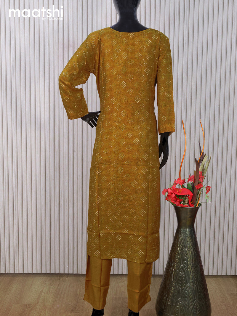 Muslin readymade salwar suit dark mustard with allover prints & mirror embroidery work neck pattern and straight cut pant & dupatta