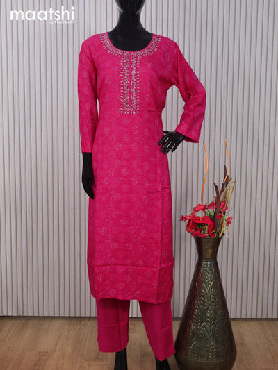 Muslin readymade salwar suit pink with allover prints & mirror embroidery work neck pattern and straight cut pant & dupatta