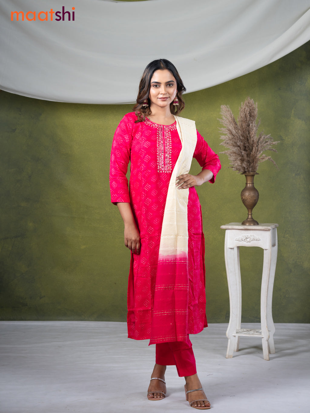 Muslin readymade salwar suit pink with allover prints & mirror embroidery work neck pattern and straight cut pant & dupatta