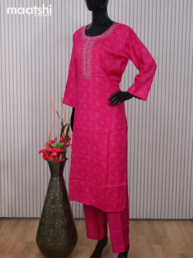 Muslin readymade salwar suit pink with allover prints & mirror embroidery work neck pattern and straight cut pant & dupatta