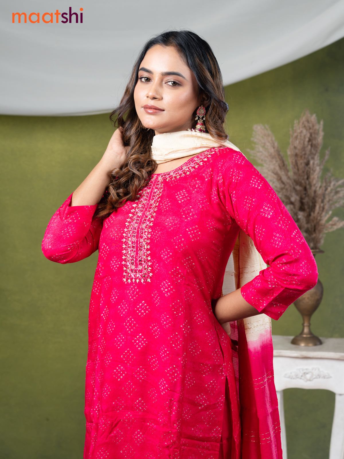 Muslin readymade salwar suit pink with allover prints & mirror embroidery work neck pattern and straight cut pant & dupatta