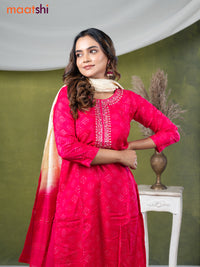 Muslin readymade salwar suit pink with allover prints & mirror embroidery work neck pattern and straight cut pant & dupatta