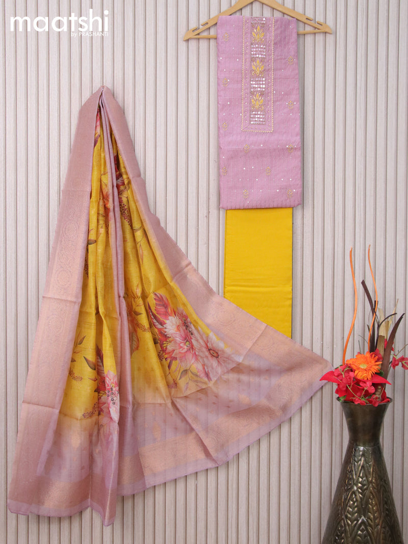 Raw silk dress material mauve pink and yellow with allover sequin & mirror embroidery work neck pattern and bottom & banarasi dupatta