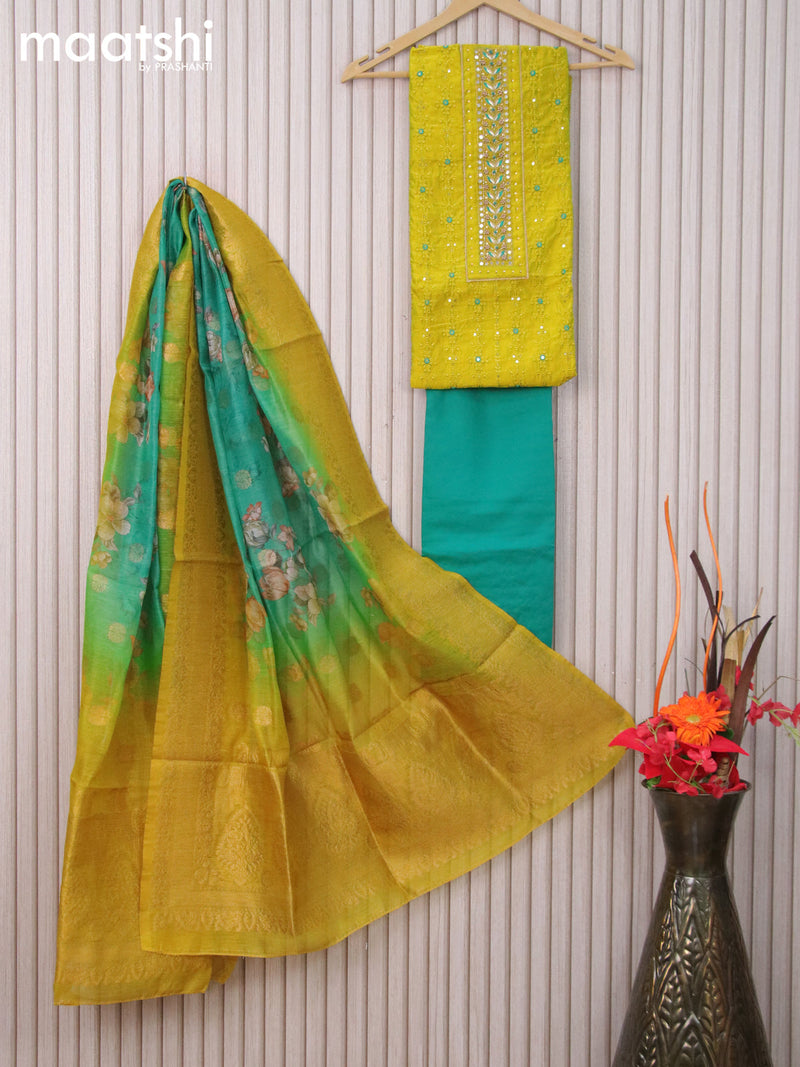 Raw silk dress material lime green and teal green with allover sequin & mirror work neck pattern and bottom & banarasi dupatta