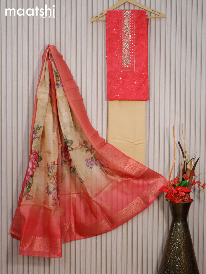 Raw silk dress material pink shade and sandal with allover sequin & mirror work neck pattern and bottom & banarasi dupatta