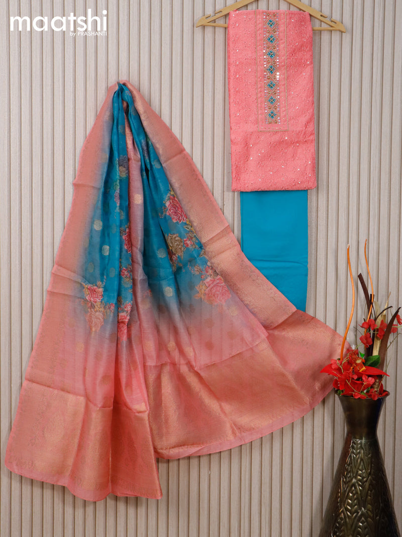 Raw silk dress material peach pink and teal blue with allover sequin & mirror work neck pattern and bottom & banarasi dupatta