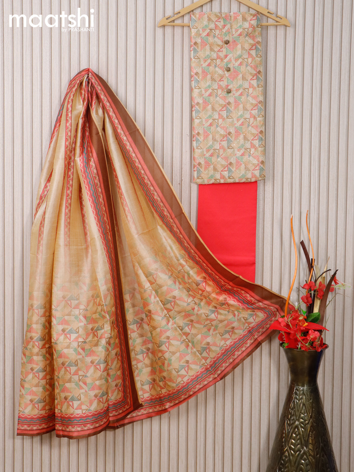 Chanderi dress material multi colour and pink with allover geometric prints & simple neck pattern and bottom & dupatta