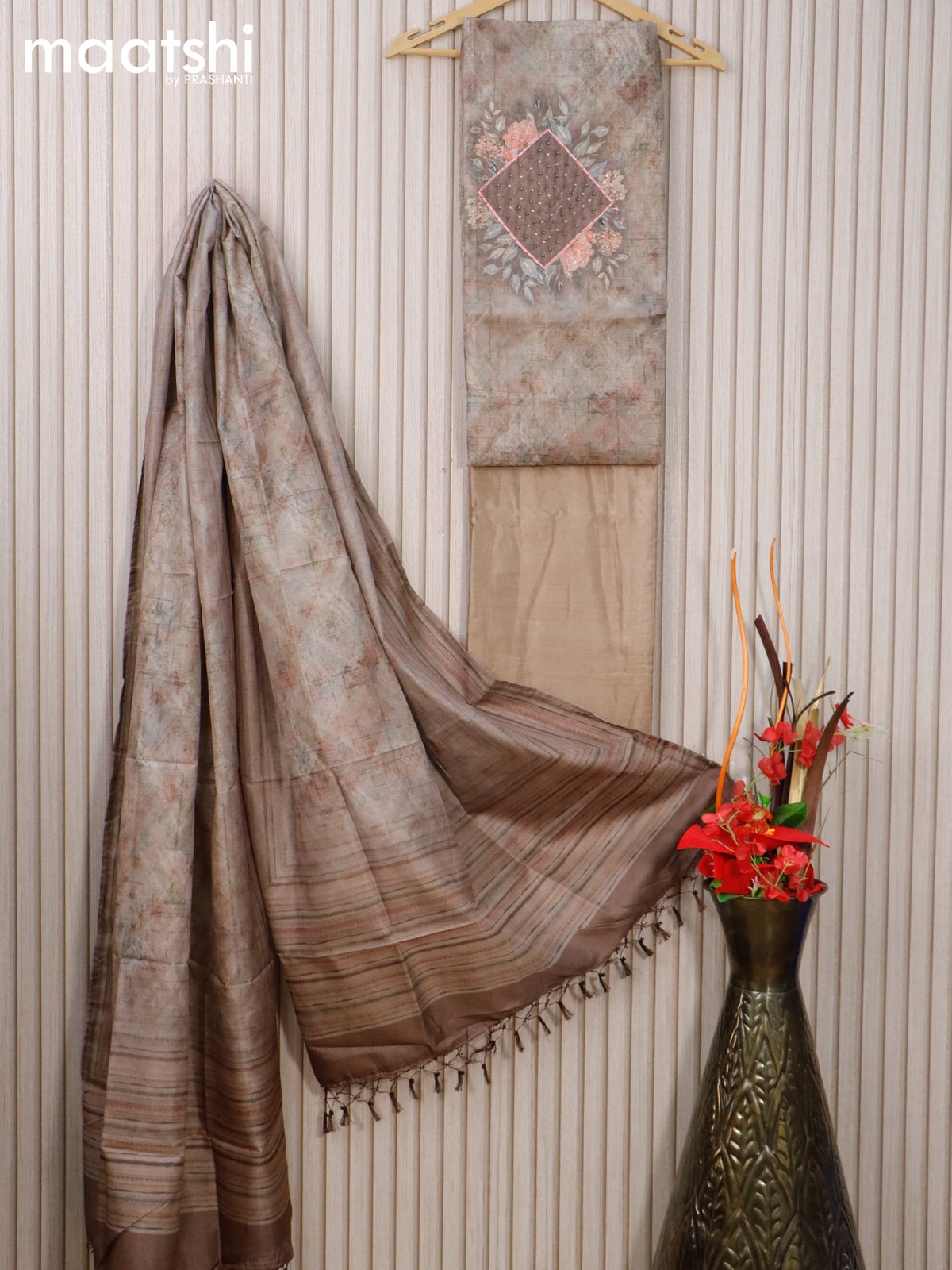 Chanderi dress material grey shade with embroidery beaded work neck pattern and bottom & dupatta