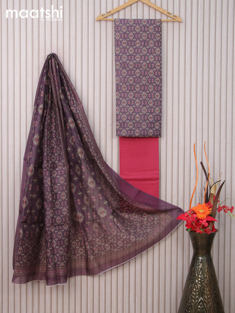 Chnaderi dress material deep purple with allover embroidery hakoba work and bottom & chanderi dupatta