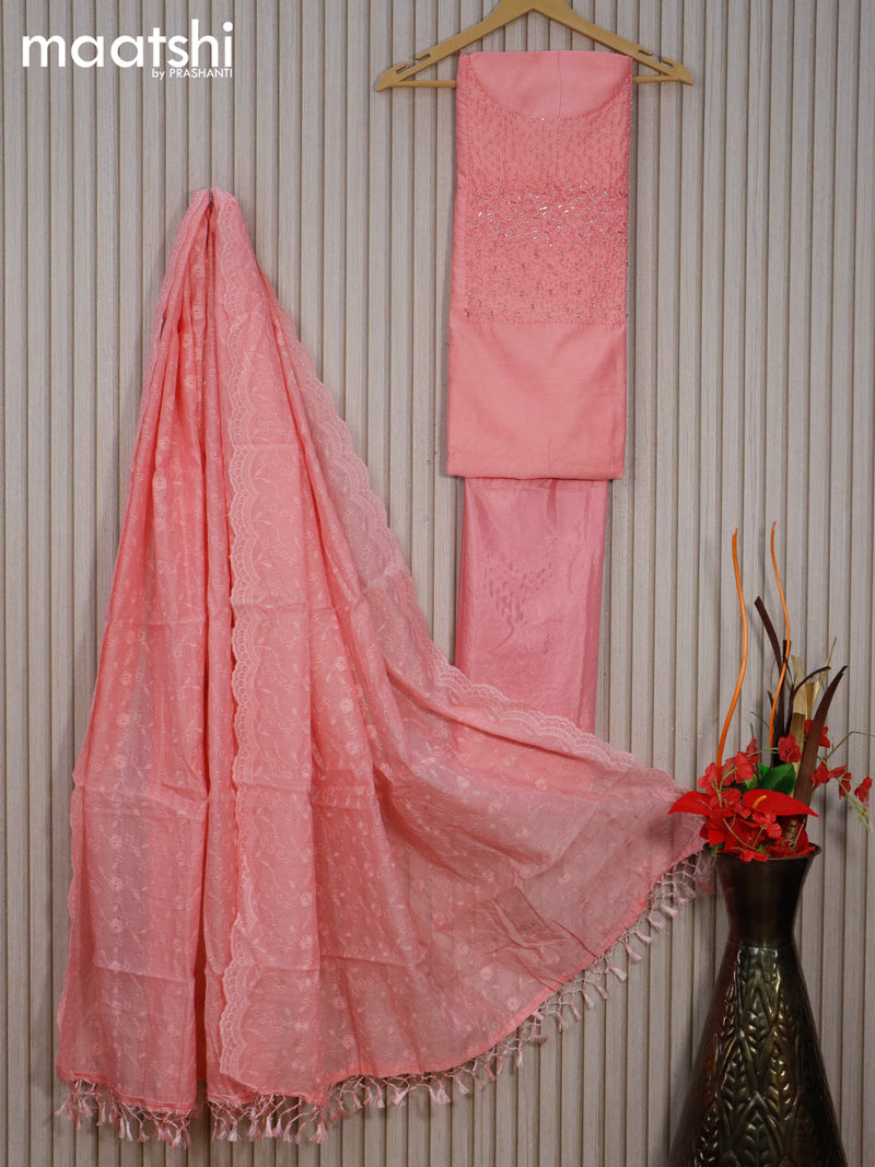 Chanderi dress material peach pink with beaded work neck pattern and bottom & embroidery work dupatta