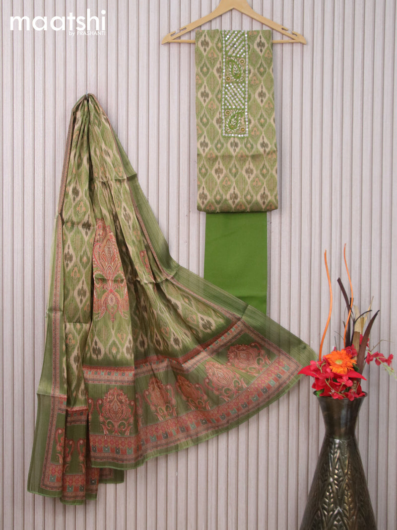 Tissue dress material beige green and green with allover ikat prints & mirror beaded work neck pattern and bottom & dupatta