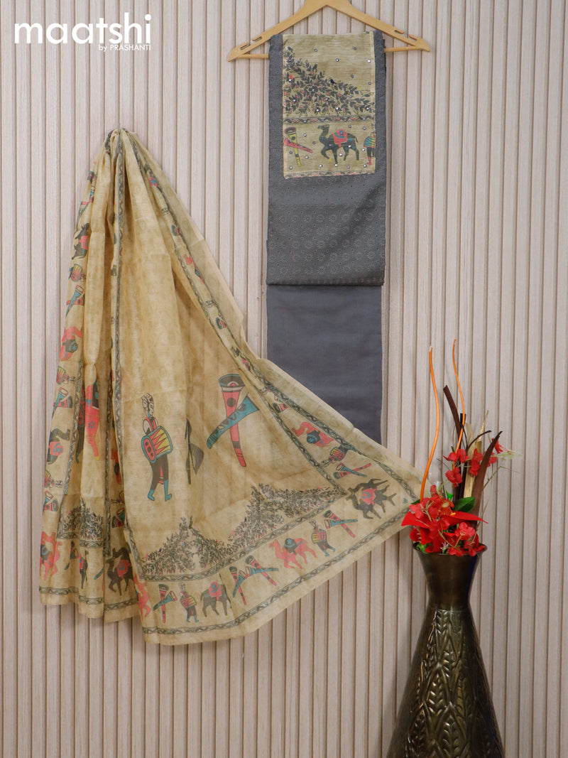 Cotton dress material grey with allover embroidery hakoba work and bottom & chanderi dupatta