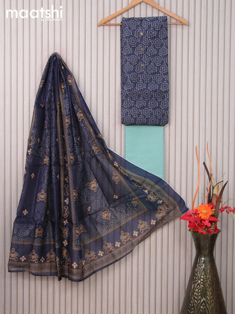 Chanderi dress material navy blue and teal blue with allover floral prints & sequin work and bottom & dupatta
