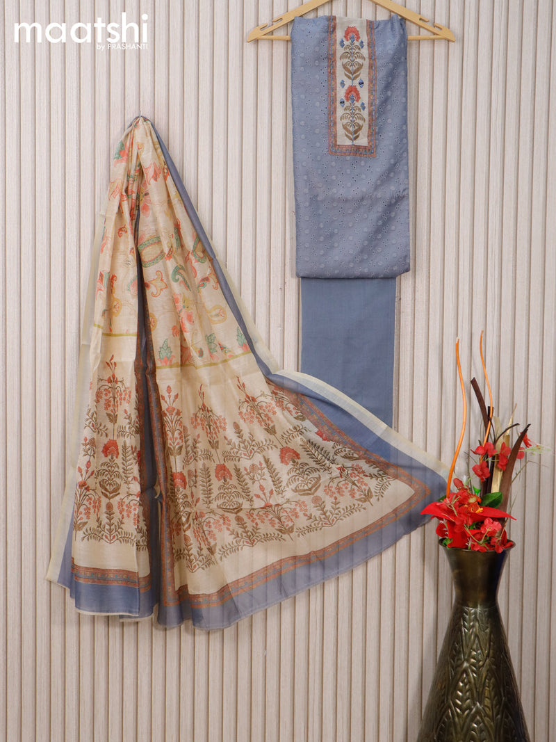 Chanderi dress material grey with allover embroidery hakoba work & mirror work and bottom & chanderi dupatta