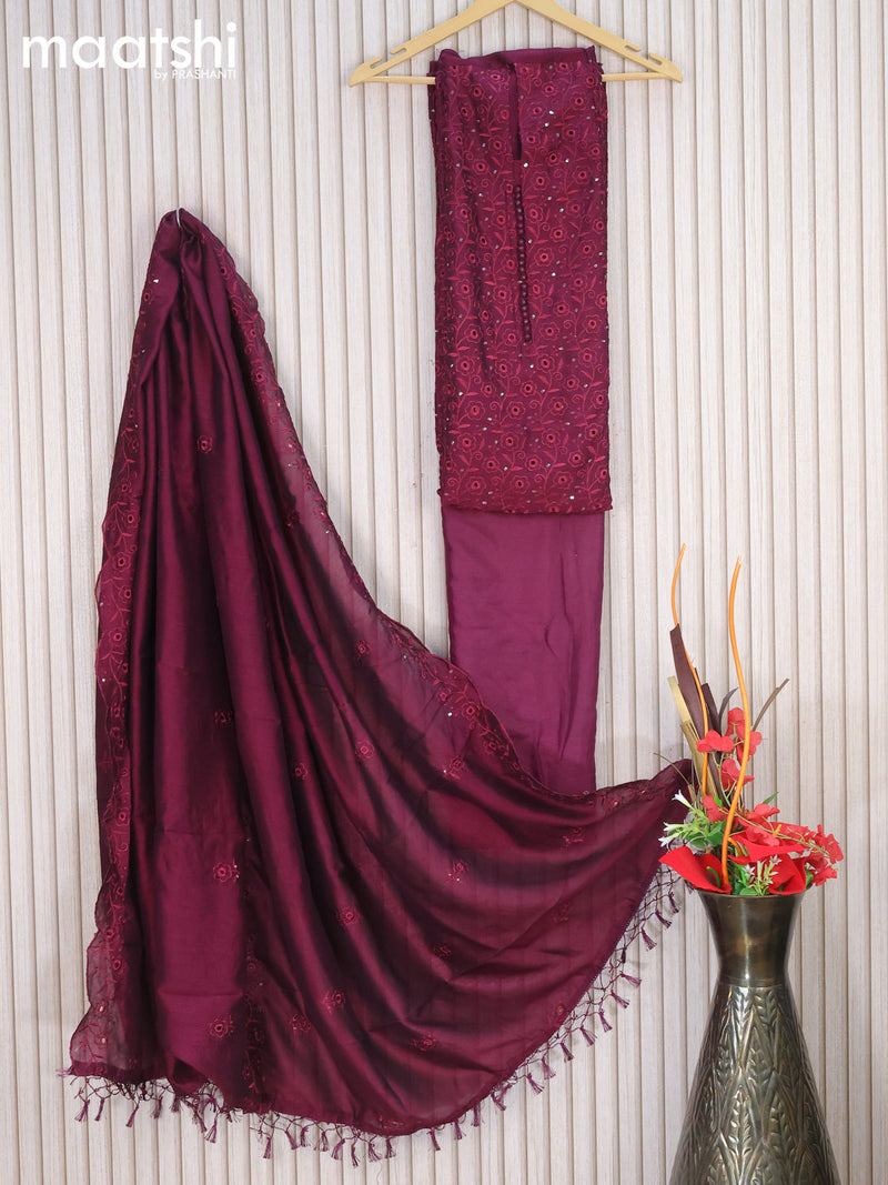 Raw silk dress material dark magenta with embroidery sequin work neck pattern and bottom & embroidery work dupatta