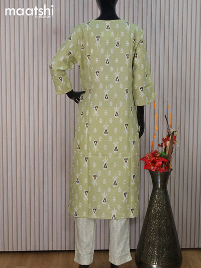 Rayon readymade salwar suit pastel green with ikat butta prints & embroidery sequin work neck pattern and straight cut pant