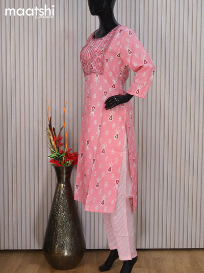 Rayon readymade salwar suit peach pink with ikat butta prints & embroidery sequin work neck pattern and straight cut pant