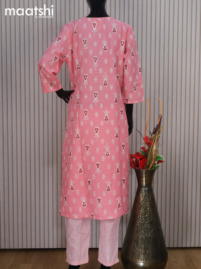Rayon readymade salwar suit peach pink with ikat butta prints & embroidery sequin work neck pattern and straight cut pant