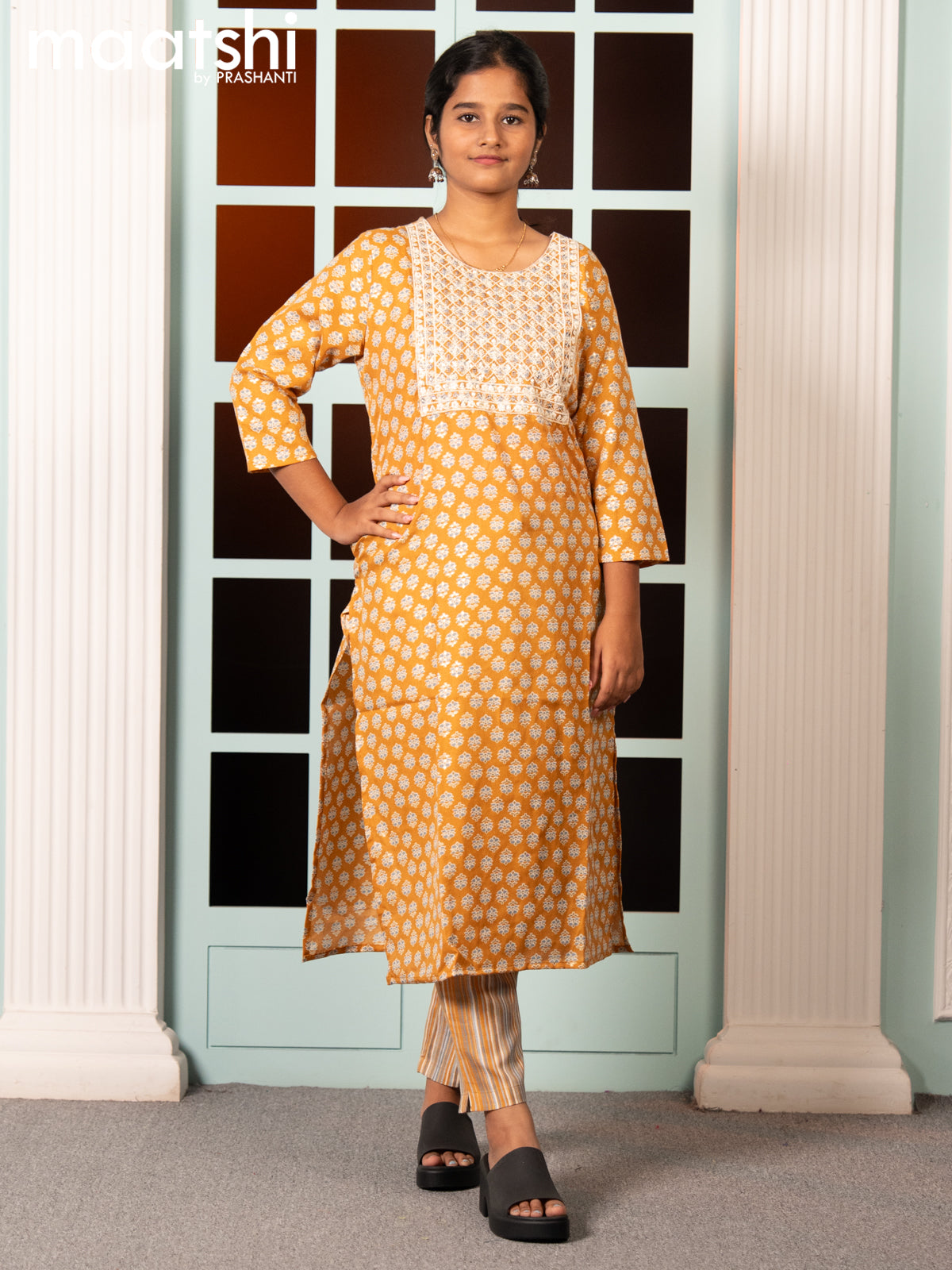 Rayon readymade salwar suit dark mustard and grey with allover butta prints & embroidery sequin work neck pattern and straight cut pant