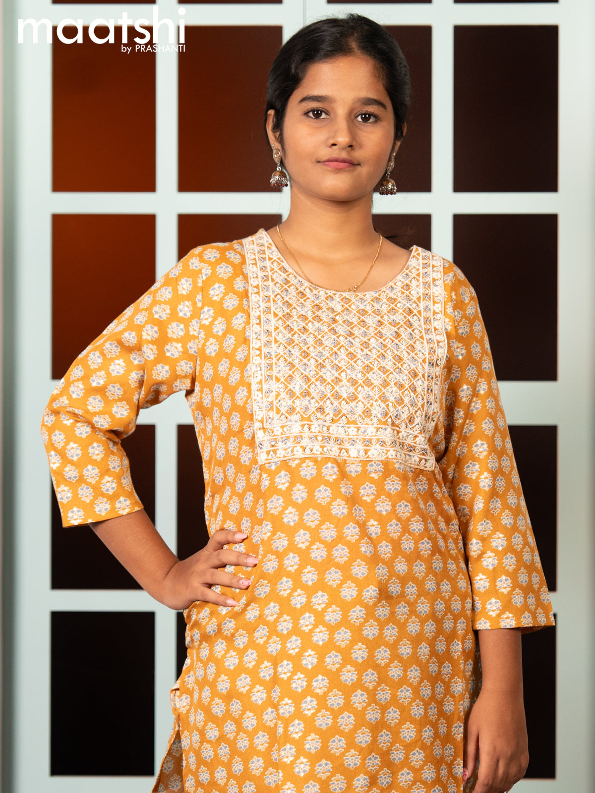 Rayon readymade salwar suit dark mustard and grey with allover butta prints & embroidery sequin work neck pattern and straight cut pant