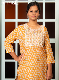 Rayon readymade salwar suit dark mustard and grey with allover butta prints & embroidery sequin work neck pattern and straight cut pant