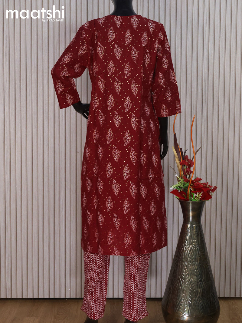 Rayon readymade salwar suit maroon with allover butta prints & embroidery sequin work neck pattern and straight cut pant