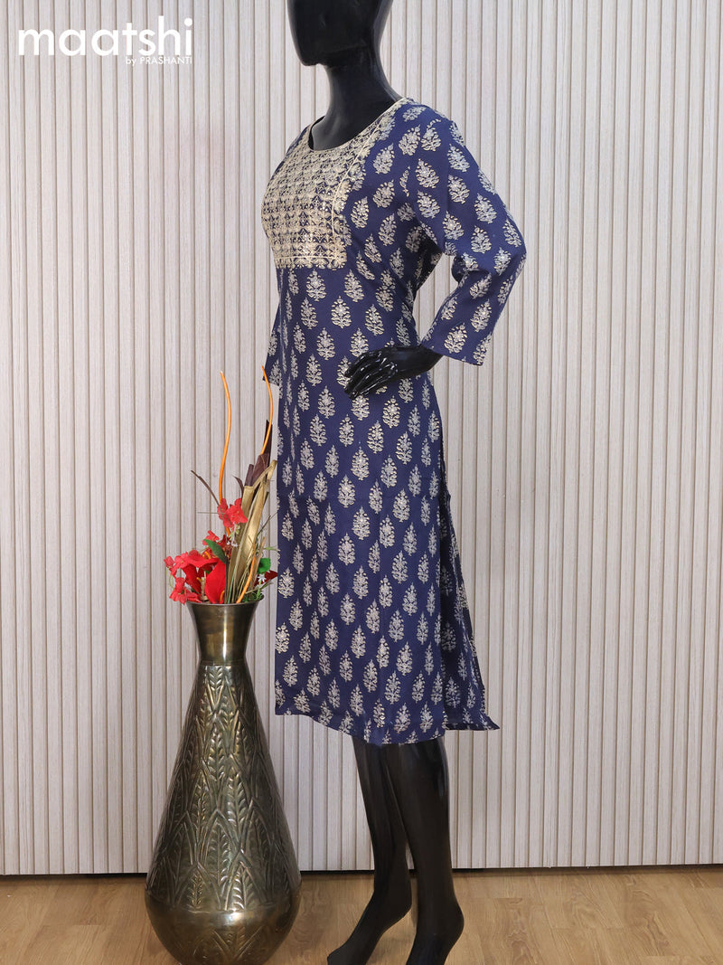 Rayon readymade salwar suit navy blue with allover butta prints & embroidery sequin work neck pattern and straight cut pant