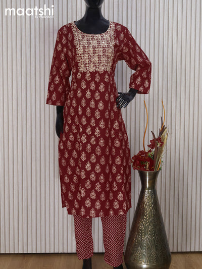 Rayon readymade salwar suit maroon with allover butta prints & embroidery sequin work neck pattern and straight cut pant