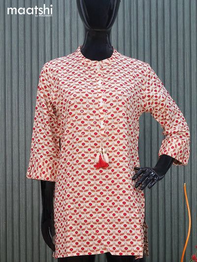 Cotton readymade short kurti cream with allover prints & mirror work without pant