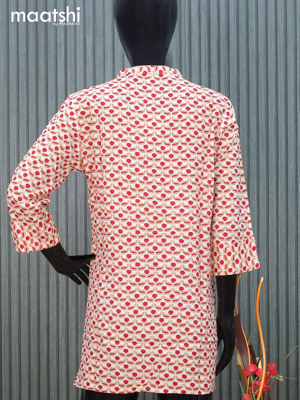 Cotton readymade short kurti cream with allover prints & mirror work without pant