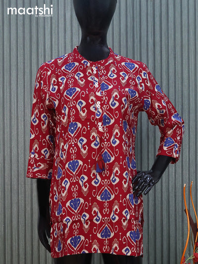 Cotton readymade short kurti maroon with allover ikat prints & mirror work without pant
