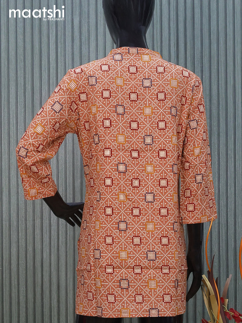 Cotton readymade short kurti peach shade with allover bandhani prints & mirror work without pant