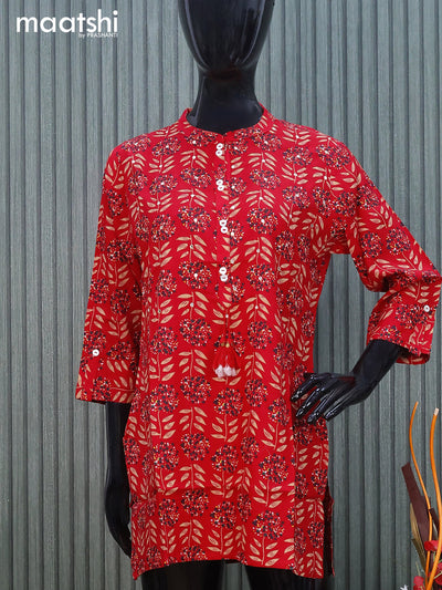 Cotton readymade short kurti red with allover prints & mirror work without pant