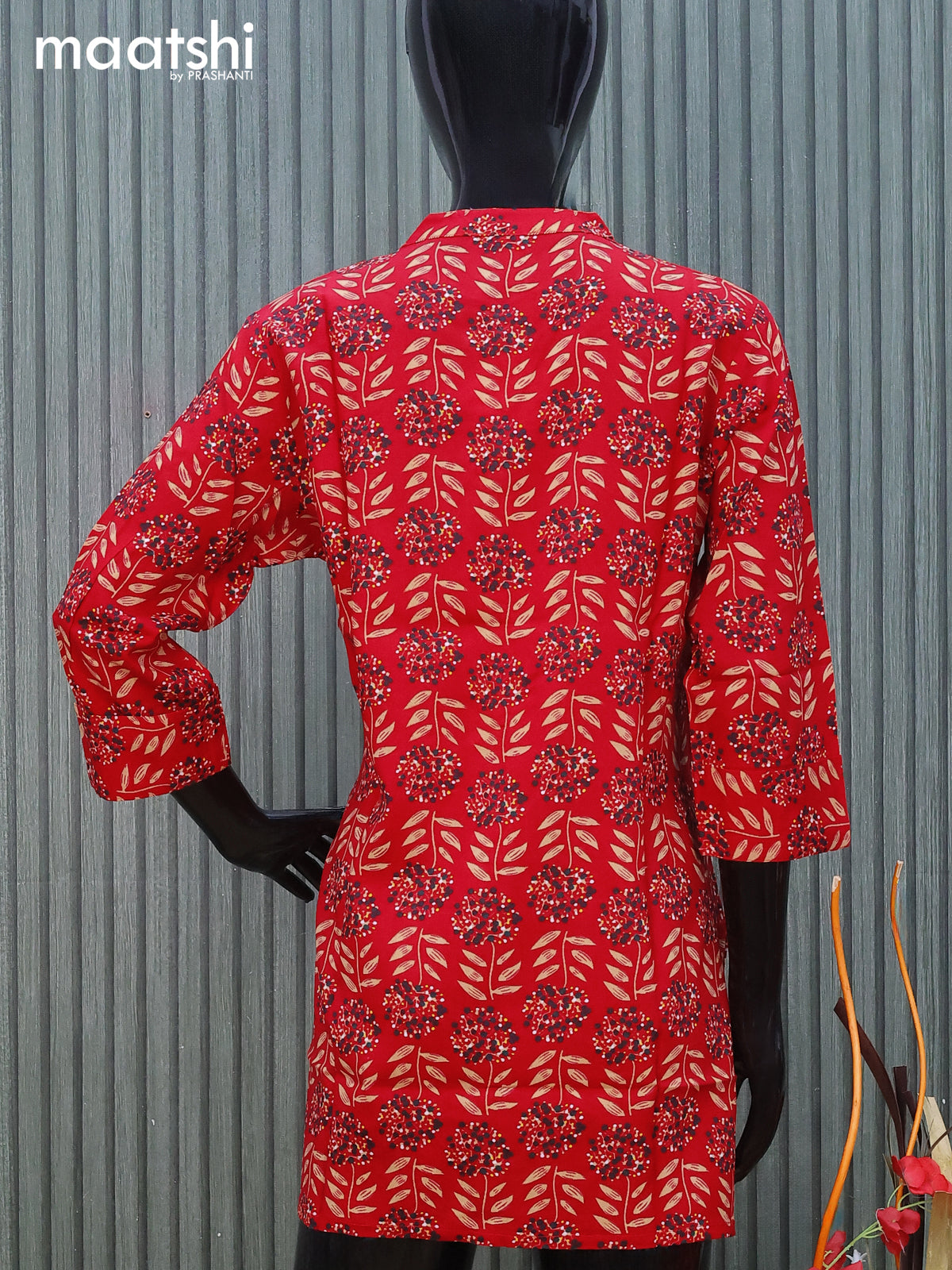 Cotton readymade short kurti red with allover prints & mirror work without pant