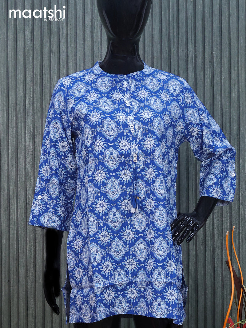 Cotton readymade short kurti blue with allover floral prints & mirror work without pant