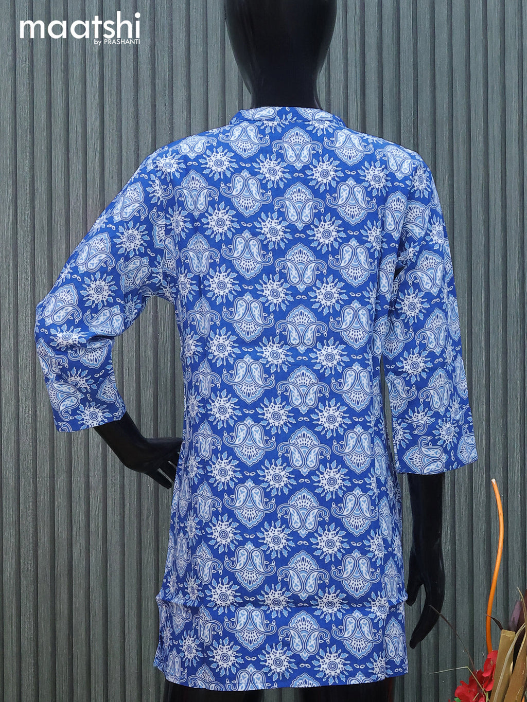 Cotton readymade short kurti blue with allover floral prints & mirror work without pant