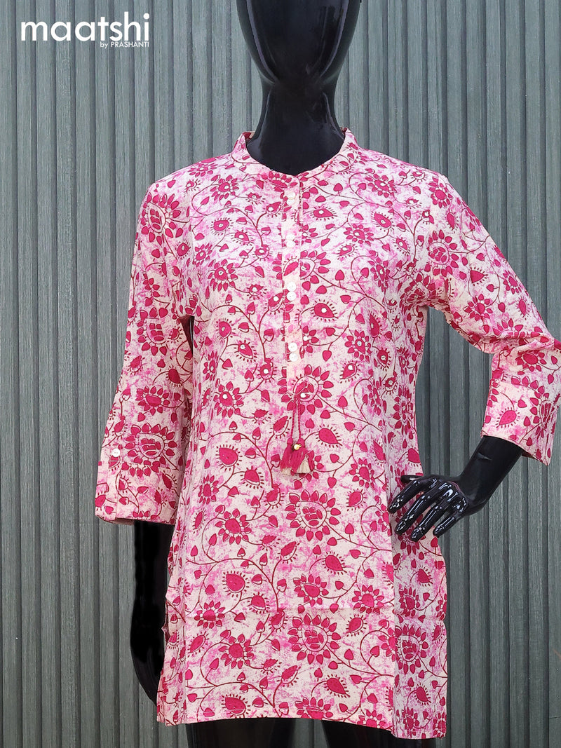 Cotton readymade short kurti cream and pink with allover floral prints & mirror work without pant