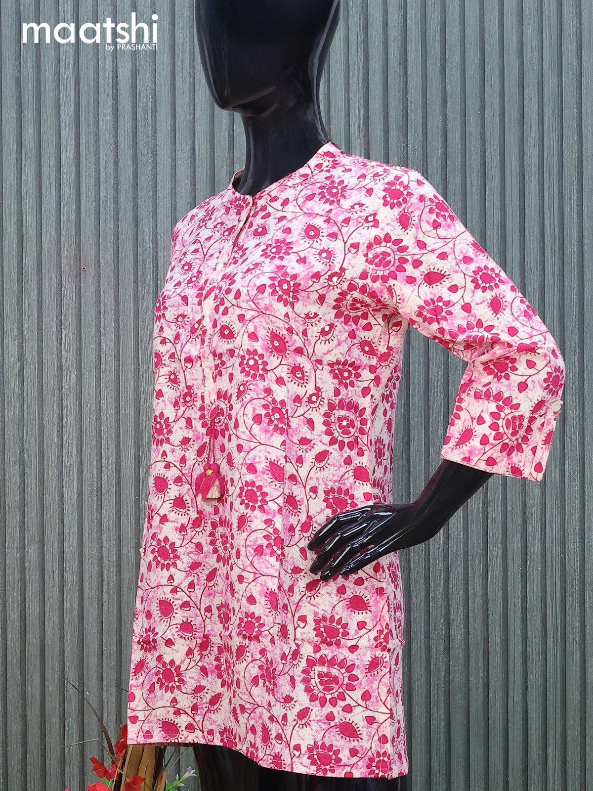 Cotton readymade short kurti cream and pink with allover floral prints & mirror work without pant