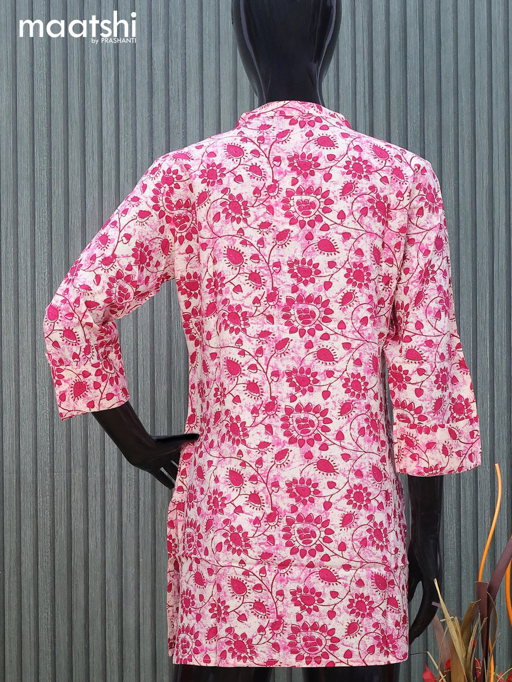 Cotton readymade short kurti cream and pink with allover floral prints & mirror work without pant