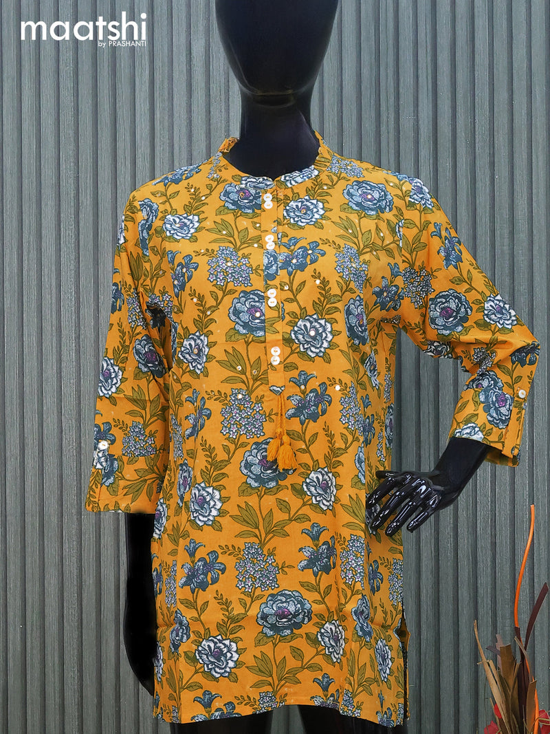 Cotton readymade short kurti yellow with allover floral prints & mirror work without pant