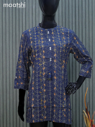 Cotton readymade short kurti blue with allover prints & mirror work without pant