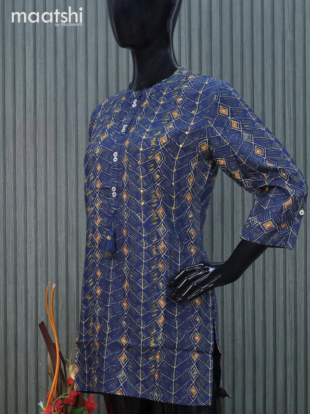 Cotton readymade short kurti blue with allover prints & mirror work without pant