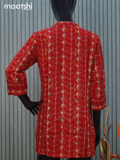 Cotton readymade short kurti red with allover prints & mirror work without pant