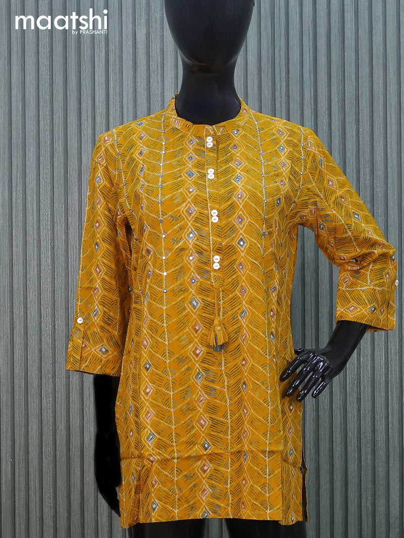 Cotton readymade short kurti mustard yellow with allover prints & mirror work without pant