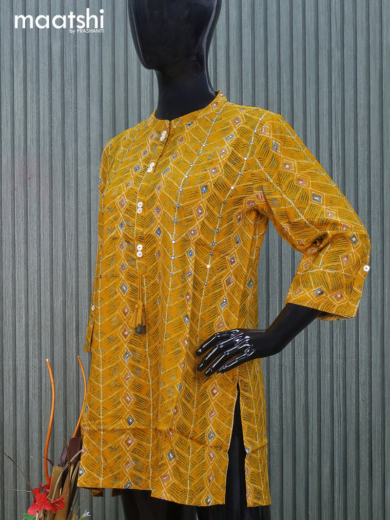 Cotton readymade short kurti mustard yellow with allover prints & mirror work without pant