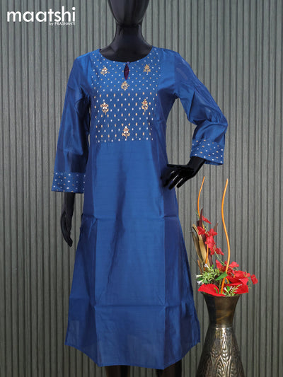Raw silk readymade kurti peacock blue with embroidery floral work butta neck pattern without pant