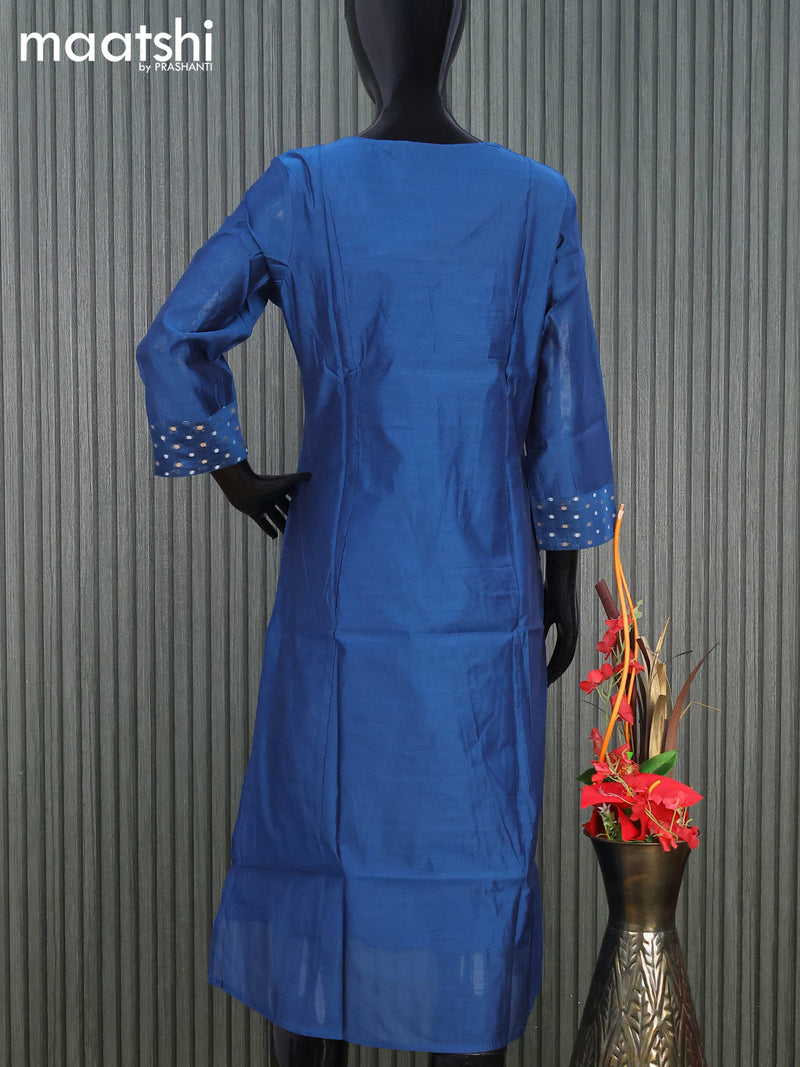 Raw silk readymade kurti peacock blue with embroidery floral work butta neck pattern without pant