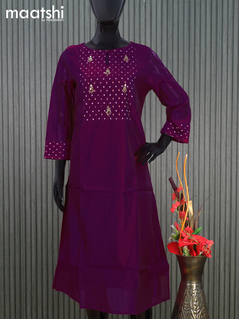 Raw silk readymade kurti purple with embroidery floral work butta neck pattern without pant